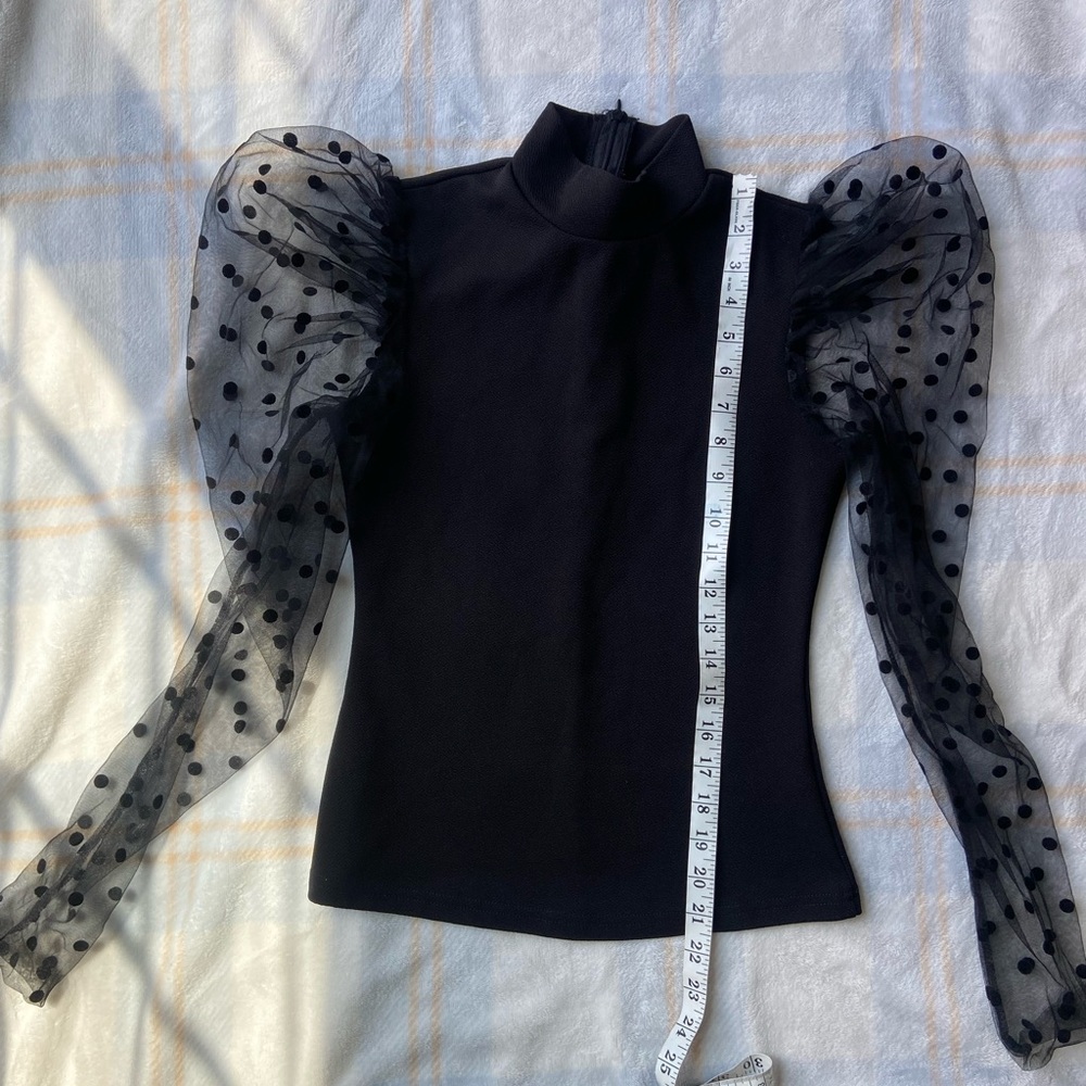 Black Fitted Blouse with Embellished Sleeves and Mandarin Collar